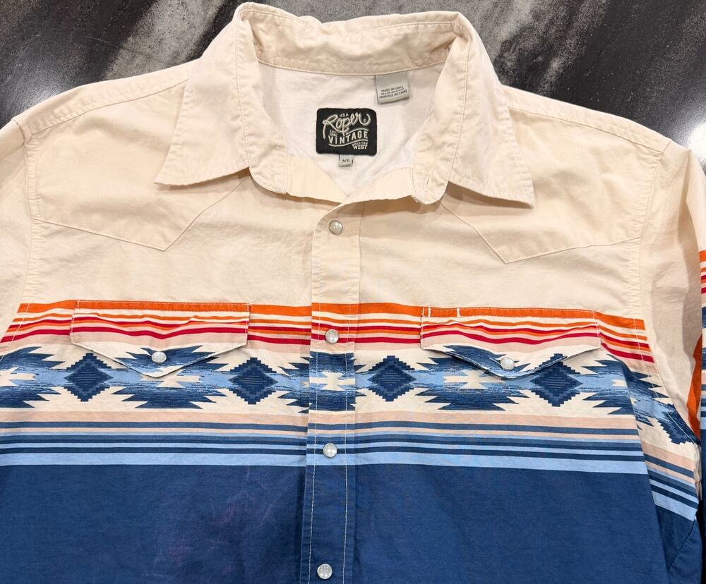 Roper Vintage Western Pearl Snap Shirt XL Aztec Southwestern Blue Cream